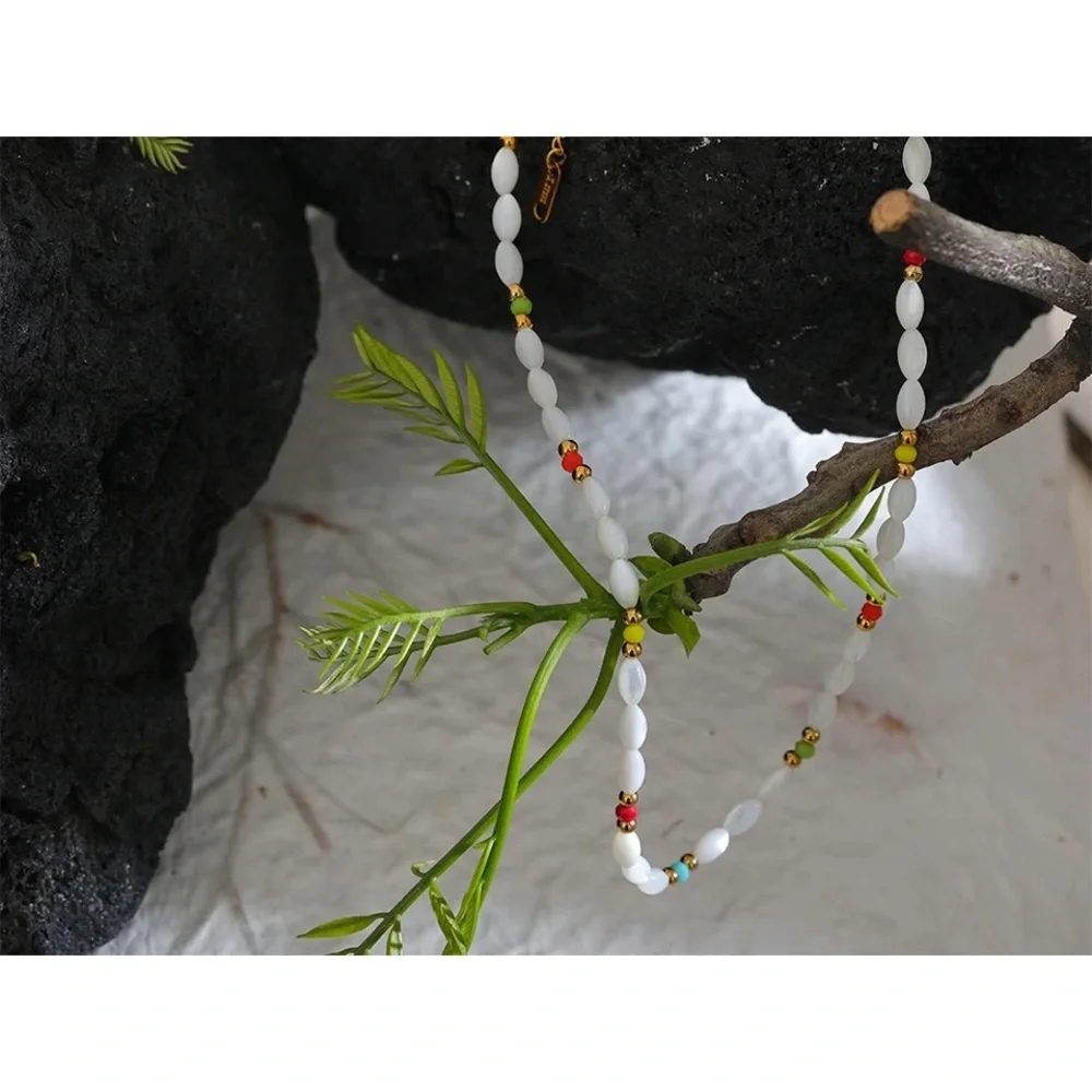 Natural Shell & Colorful Beaded Necklace Gold Tone